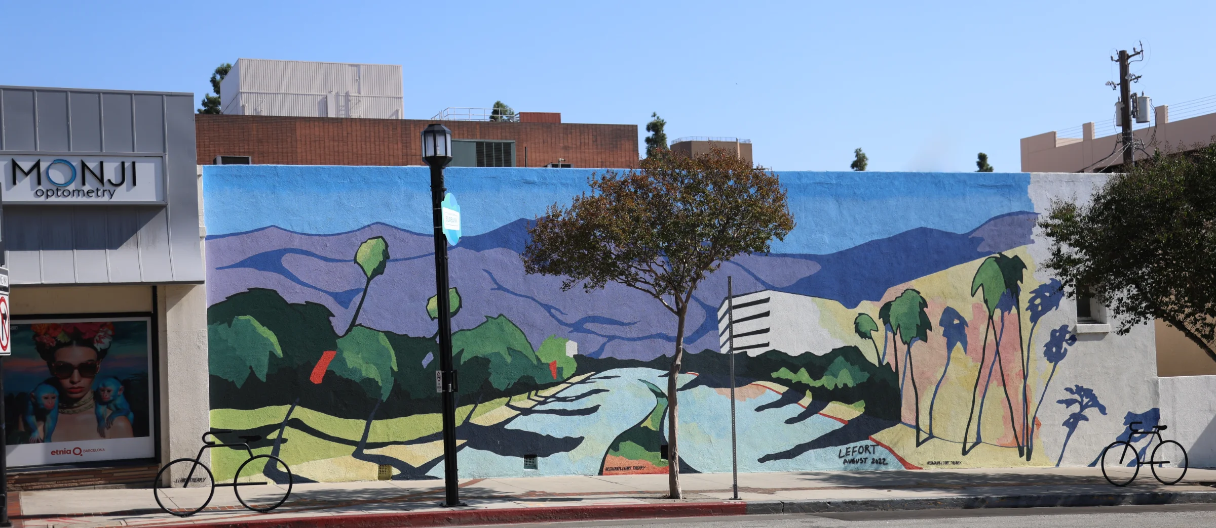 Landscape mural of hills and palm trees in downtown Burbank